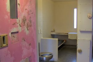 Picture of a solitary confinement cell with a pink door and silver toilet visible.